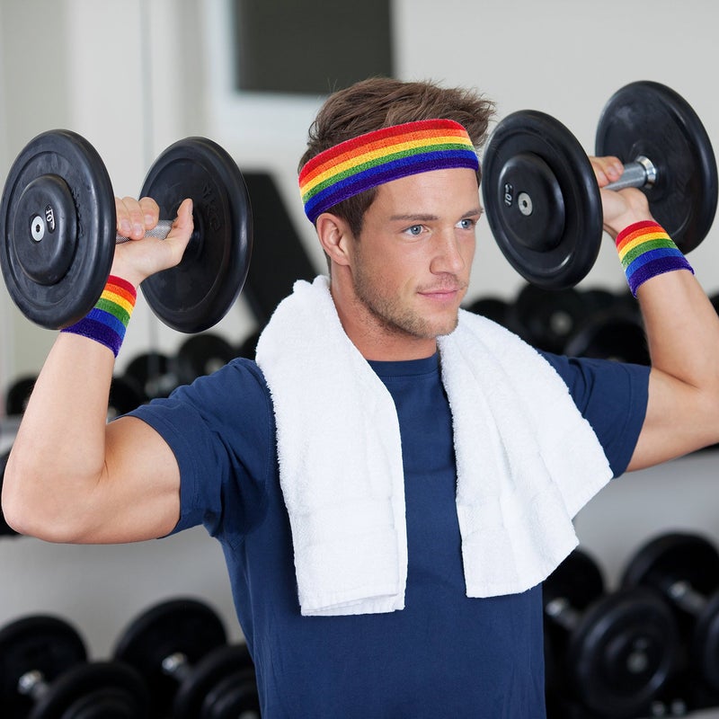 Bememo 12 Pcs Rainbow Terry Cloth Sweatbands Set for Men & Women - 4 Striped Headbands, 8 Wristbands for Sports, Gym, LGBT Pride Parades (Rainbow) - Image 2